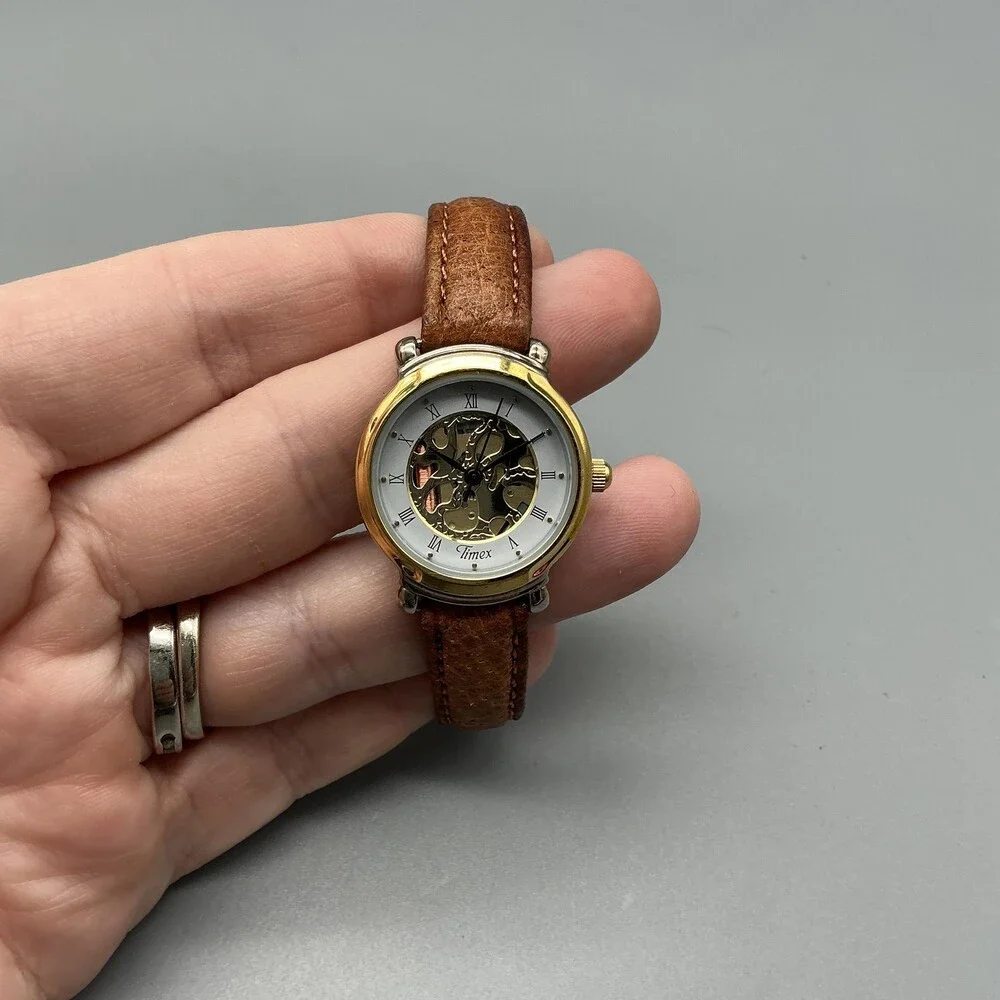 Vintage Timex Womens Watch 24mm Gold White Skeleton Brown Leather New Battery